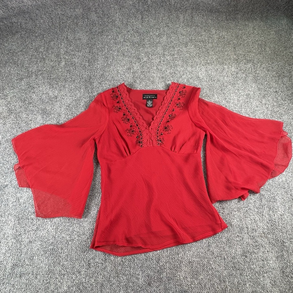 Vintage Y2K Separates Blouse Women's S Red Boho Embroidered Beaded Whimsigoth